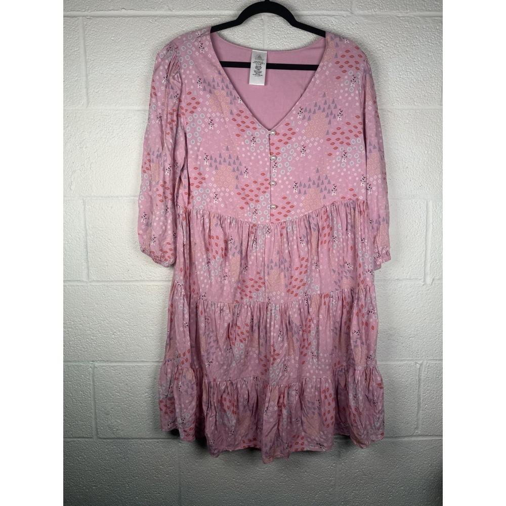 Disney Frozen Olaf Pink Tiered Babydoll Dress Women's L Pearl Button 3/4 Sleeve